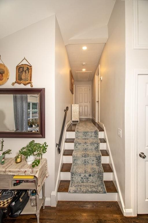 stairway featuring wood-type flooring