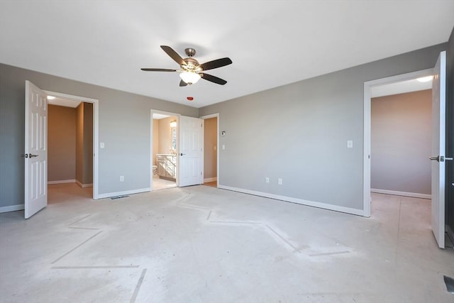 unfurnished bedroom featuring connected bathroom and ceiling fan