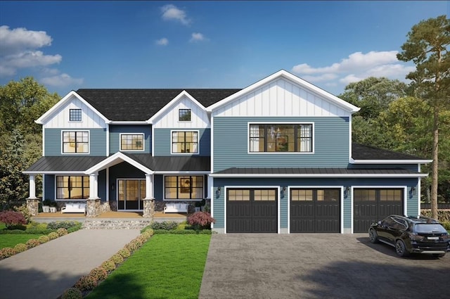 view of front facade with driveway, a standing seam roof, board and batten siding, covered porch, and an attached garage