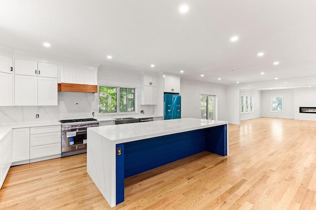 kitchen with stainless steel appliances, recessed lighting, white cabinetry, plenty of natural light, and decorative backsplash