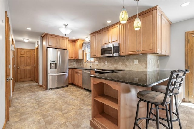 25 Hamilton Rd, Northborough, MA 01532 - kitchen with stainless steel appliances, a peninsula, decorative backsplash, dark stone countertops, and recessed lighting