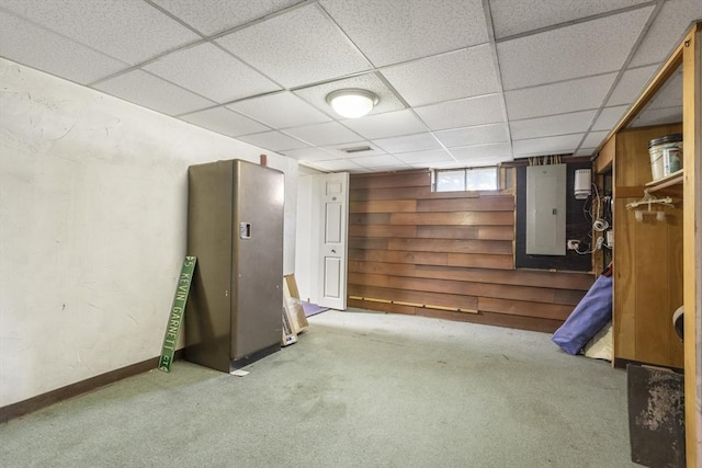 25 Hamilton Rd, Northborough, MA 01532 - basement featuring electric panel, carpet, a paneled ceiling, and wood walls