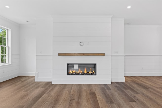 room details with a fireplace, hardwood / wood-style floors, and crown molding