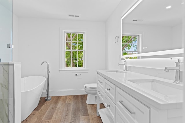 bathroom with wood-type flooring, vanity, plenty of natural light, and a tub