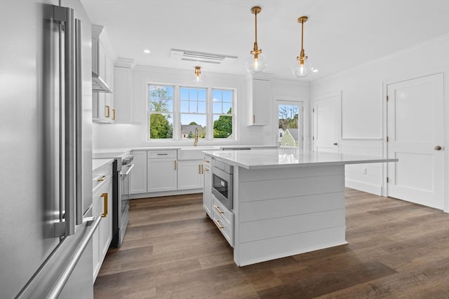 kitchen featuring hanging light fixtures, dark hardwood / wood-style floors, appliances with stainless steel finishes, a kitchen island, and white cabinetry