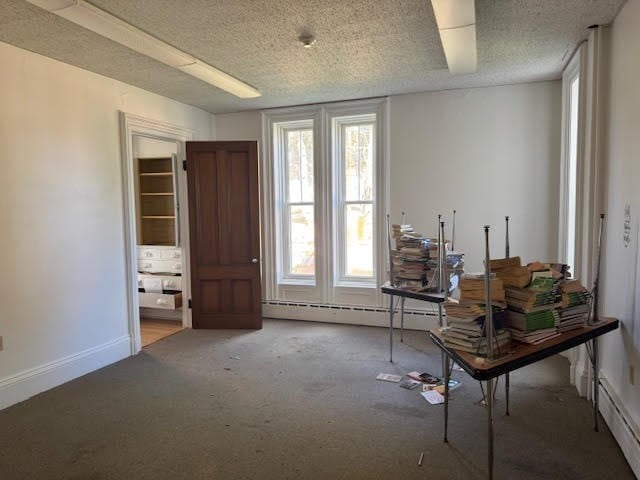 misc room featuring baseboard heating, carpet, and a textured ceiling