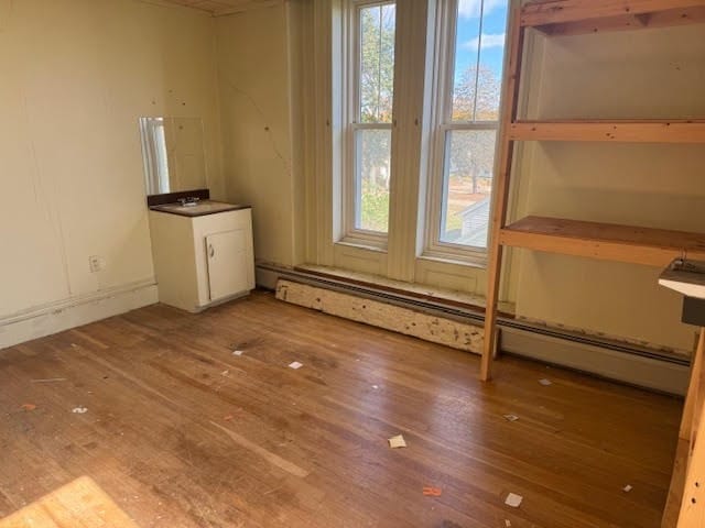 spare room with hardwood / wood-style flooring and a baseboard radiator