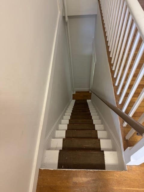 staircase with hardwood / wood-style flooring