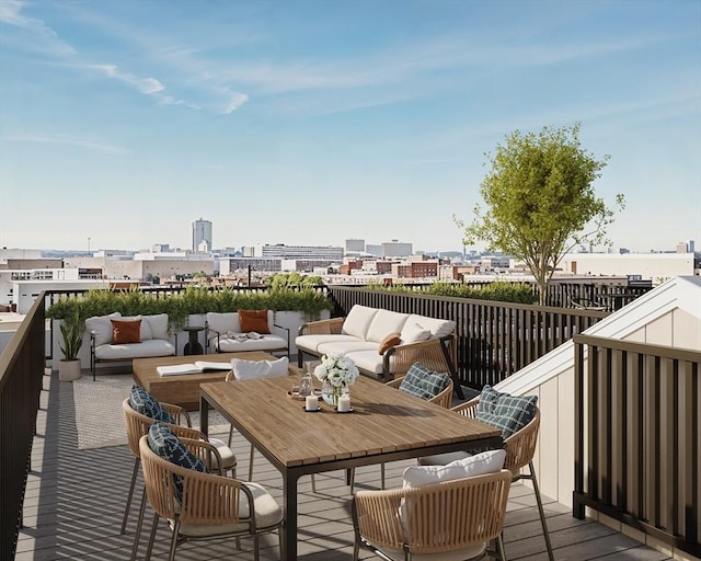 view of wooden balcony with an outdoor hangout area, a view of city, and a wooden deck