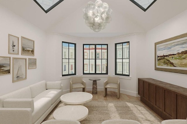 living area featuring a skylight, plenty of natural light, light wood-style flooring, baseboards, and vaulted ceiling
