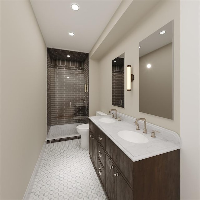 full bathroom with recessed lighting, toilet, a stall shower, tile patterned floors, and double vanity