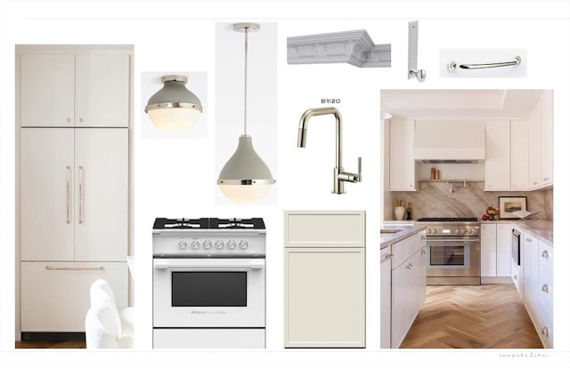 kitchen with stainless steel range, custom range hood, decorative backsplash, and light countertops
