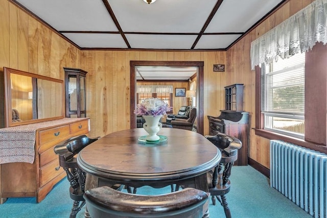 carpeted dining space featuring wood walls and radiator