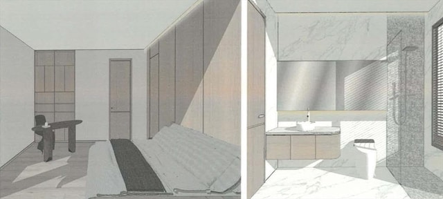 bathroom with vanity and walk in shower