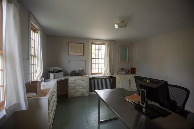 office area featuring radiator and concrete flooring