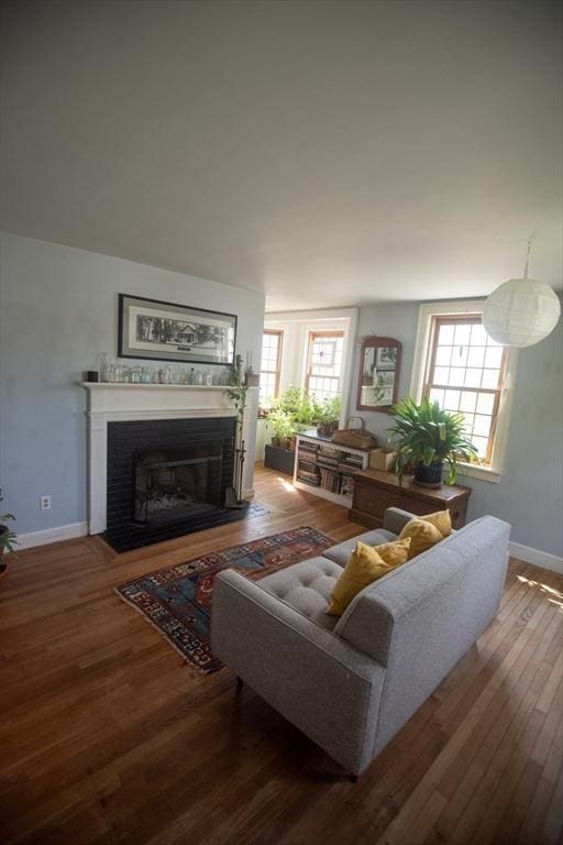 living room featuring a fireplace with flush hearth, plenty of natural light, wood finished floors, and baseboards