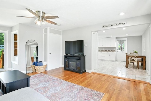 606 Granby Rd, South Hadley, MA 01075 - living area featuring plenty of natural light, light wood-style flooring, ceiling fan, and recessed lighting