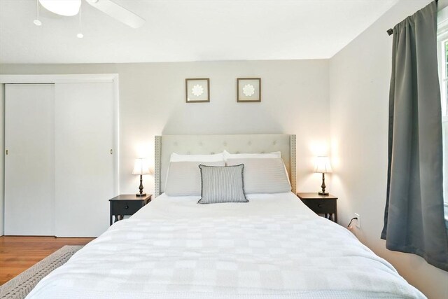 606 Granby Rd, South Hadley, MA 01075 - bedroom featuring wood finished floors, a closet, and a ceiling fan