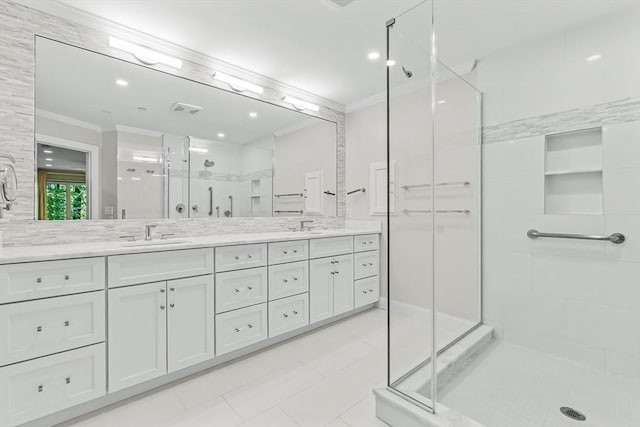 1003 Wisteria Way Unit 1003, Wayland, MA 01778 - bathroom with ornamental molding, a stall shower, double vanity, tile patterned flooring, and recessed lighting