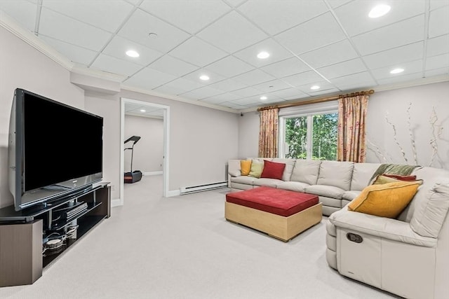 1003 Wisteria Way Unit 1003, Wayland, MA 01778 - carpeted living room featuring a baseboard radiator, recessed lighting, baseboards, and ornamental molding