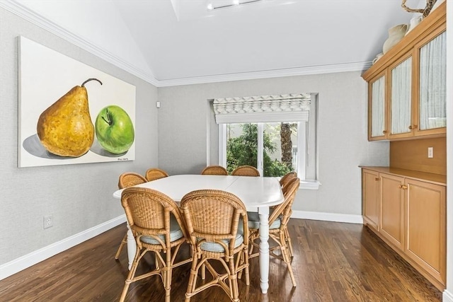 1003 Wisteria Way Unit 1003, Wayland, MA 01778 - dining space featuring dark wood-style flooring, baseboards, vaulted ceiling, and ornamental molding