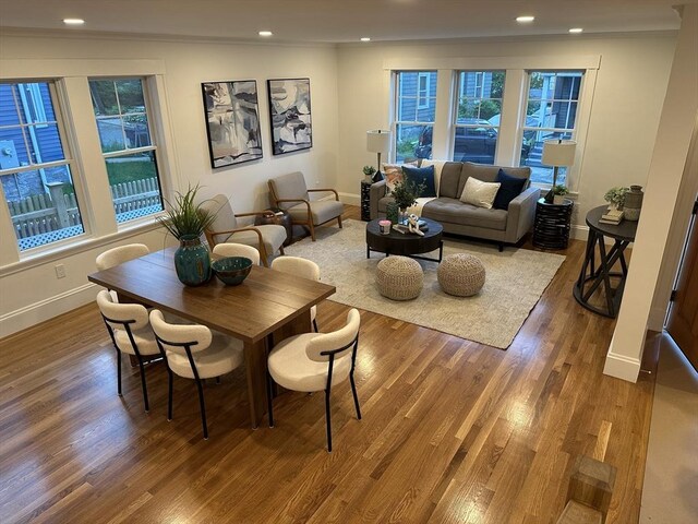 2 Wilkins Pl, Boston, MA 02131 - living room with baseboards, plenty of natural light, wood finished floors, recessed lighting, and crown molding