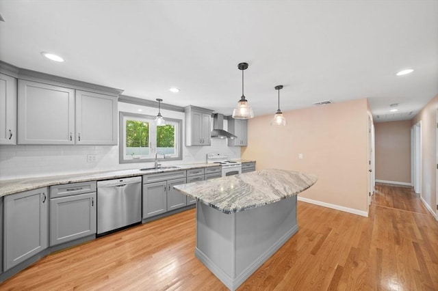 73 Fremont St, Taunton, MA 02780 - kitchen with dishwasher, gray cabinets, wall chimney exhaust hood, electric range, and recessed lighting