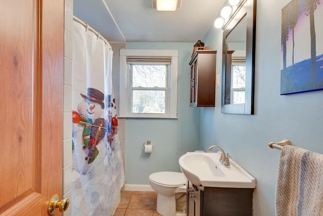 bathroom with vanity, tile patterned floors, toilet, and a shower with shower curtain