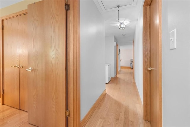 hallway with attic access, baseboards, and light wood finished floors