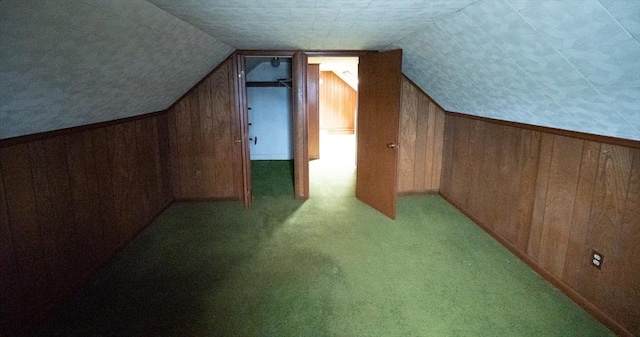 102 Margin St, Salem, MA 01970 - bonus room featuring wood walls, vaulted ceiling, and carpet