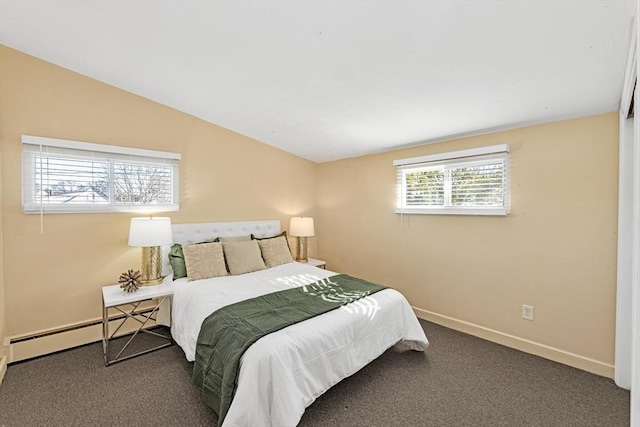 carpeted bedroom with baseboards, vaulted ceiling, and baseboard heating