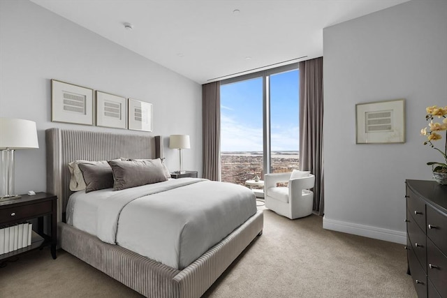 bedroom with a wall of windows and light carpet