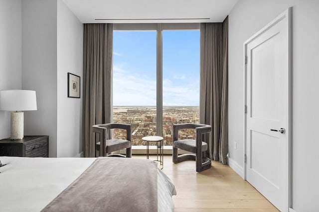 bedroom featuring multiple windows, light hardwood / wood-style floors, and expansive windows