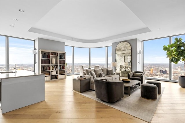 living room featuring expansive windows, light wood-type flooring, and sink