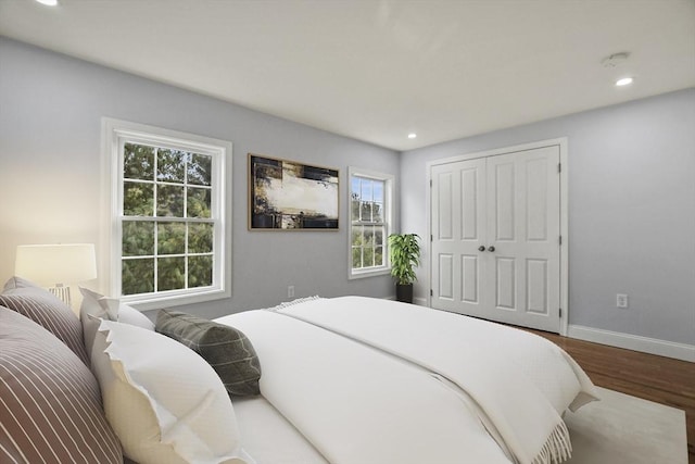 bedroom with multiple windows, a closet, and hardwood / wood-style floors