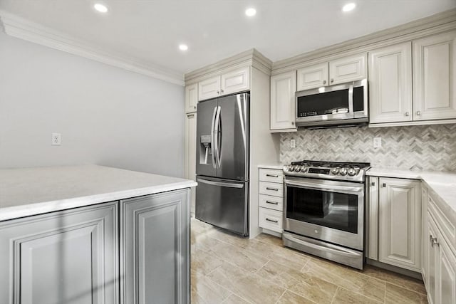 kitchen with appliances with stainless steel finishes, backsplash, and ornamental molding