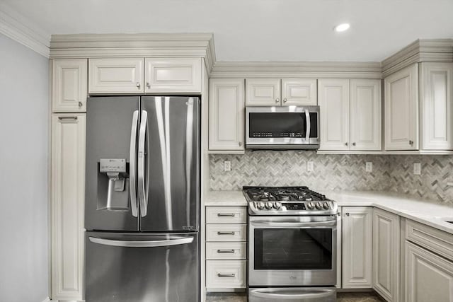 kitchen with tasteful backsplash, crown molding, and stainless steel appliances