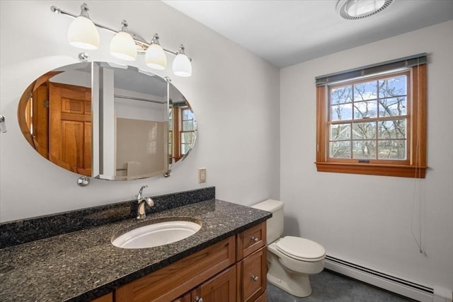 bathroom with toilet, tile patterned flooring, baseboard heating, and vanity