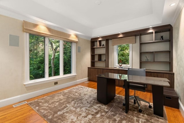69 Princeton Rd, Brookline, MA 02467 - office area with wood finished floors, recessed lighting, a raised ceiling, and crown molding