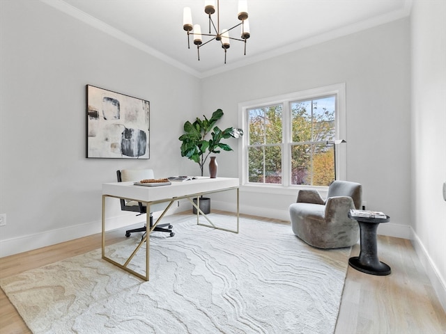 office area featuring ornamental molding, a notable chandelier, and hardwood / wood-style floors