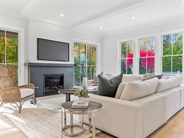 living room with beamed ceiling, ornamental molding, wood ceiling, and wood-type flooring