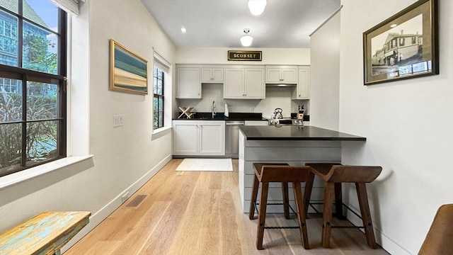 kitchen with light hardwood / wood-style floors, plenty of natural light, stainless steel dishwasher, and a kitchen breakfast bar