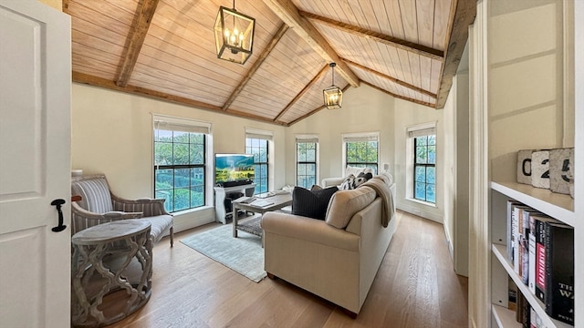 sunroom / solarium featuring vaulted ceiling with beams and wood ceiling