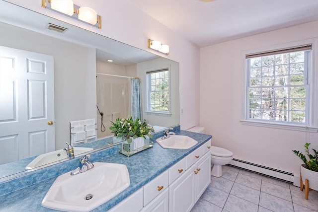 bathroom with tile patterned flooring, vanity, a baseboard radiator, toilet, and walk in shower