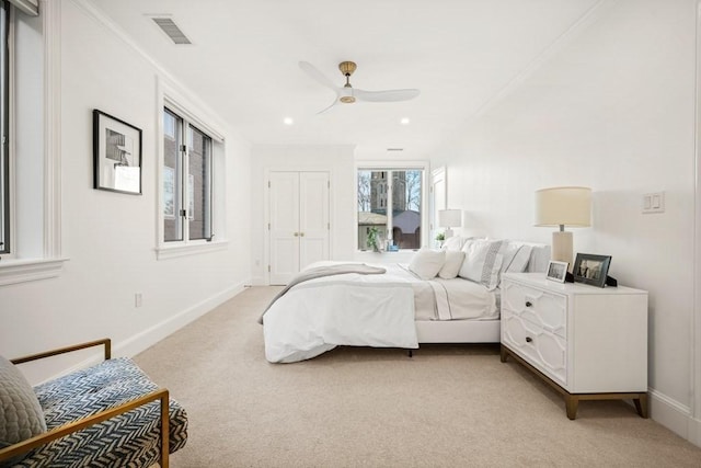 130 Mount Auburn St Unit 310, Cambridge, MA 02138 - bedroom with light colored carpet, a ceiling fan, and recessed lighting