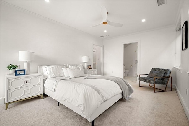 130 Mount Auburn St Unit 310, Cambridge, MA 02138 - bedroom with ornamental molding, light colored carpet, recessed lighting, a ceiling fan, and connected bathroom