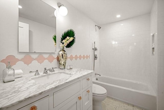 130 Mount Auburn St Unit 310, Cambridge, MA 02138 - bathroom with vanity, shower / tub combination, speckled floor, and recessed lighting