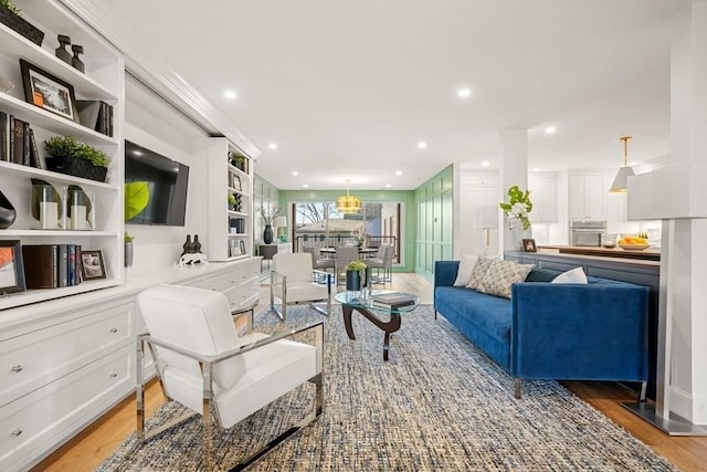 130 Mount Auburn St Unit 310, Cambridge, MA 02138 - living room with light wood-style flooring, recessed lighting, and crown molding