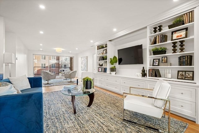 130 Mount Auburn St Unit 310, Cambridge, MA 02138 - living area featuring light wood finished floors, recessed lighting, and built in features