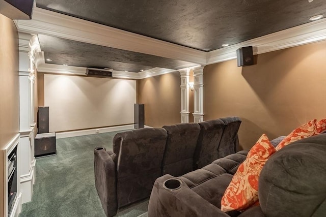 cinema room featuring carpet floors and ornamental molding